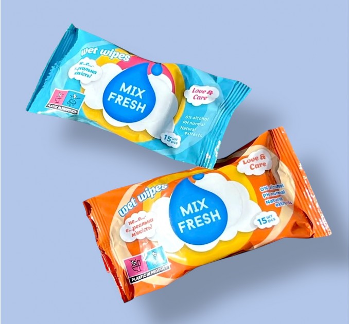 Серветки вологі в асортименті Mix Fresh, 15 шт